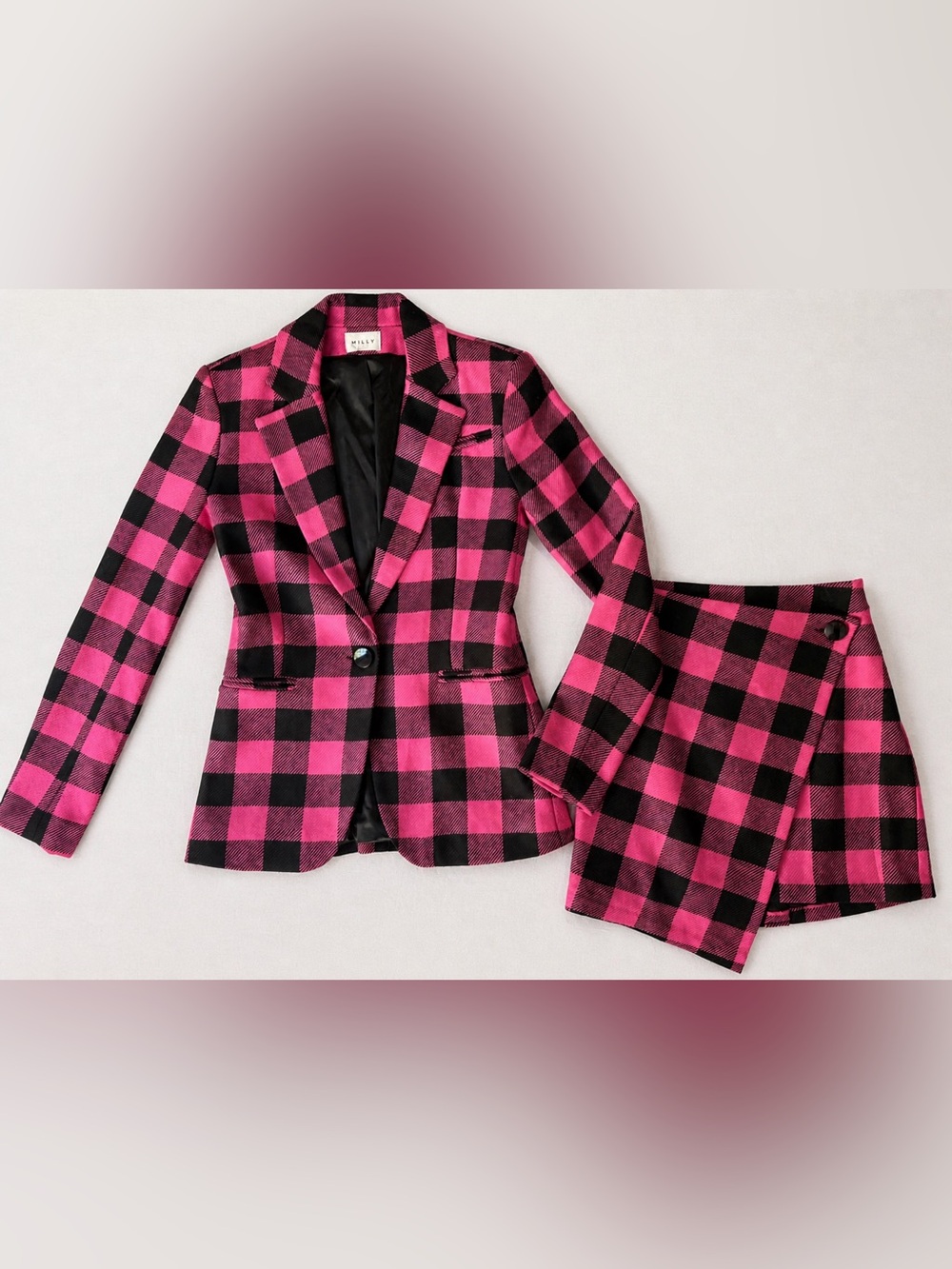 Milly Black Pink Buffalo Plaid Virgin Wool Blazer Skirt Set S/2 Barbiecore